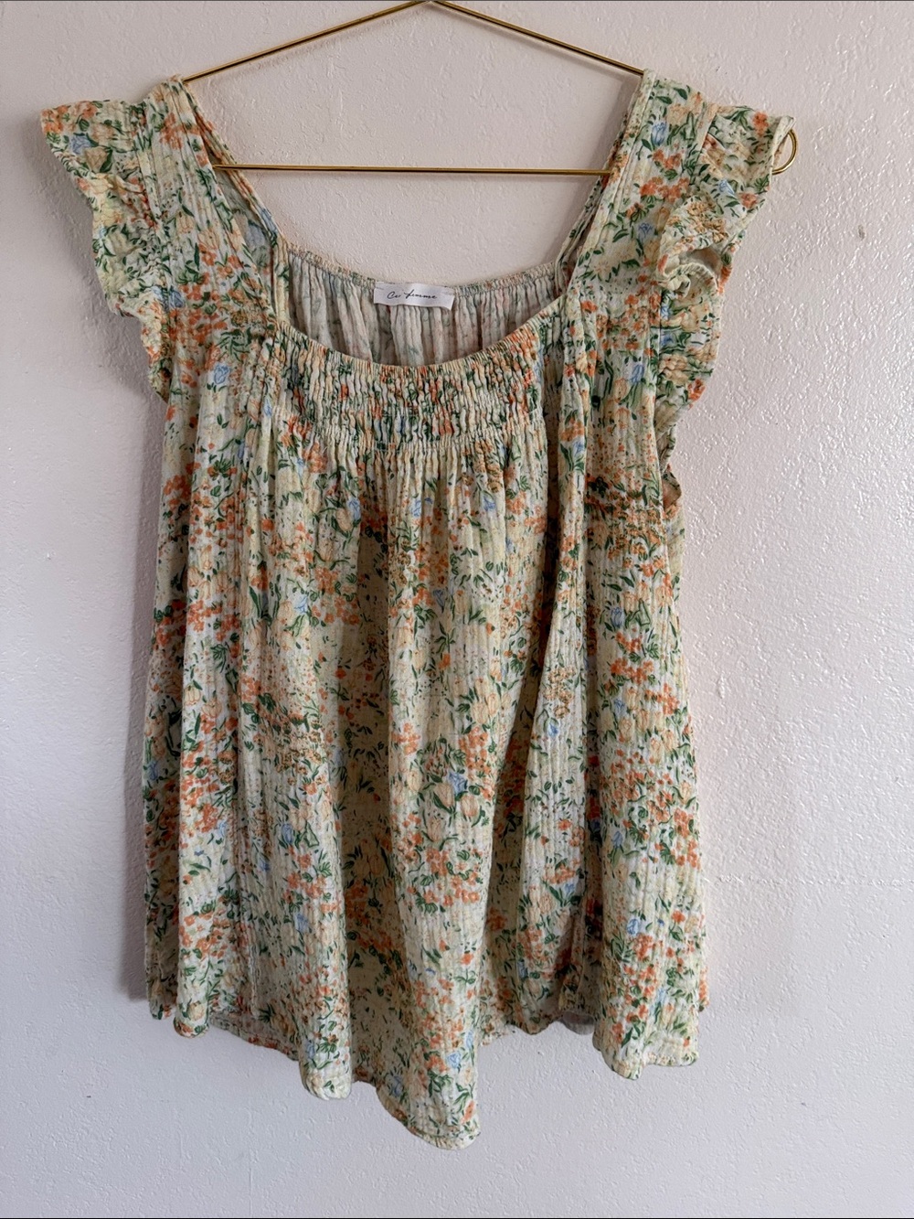 Ces Femme Floral Smocked Ruffle Sleeve Top - Cream/Green/Orange